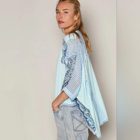 POL Blue Boho Print + Sheer Knit V Neck Rayon Jersey Top - Picture 3 of 14